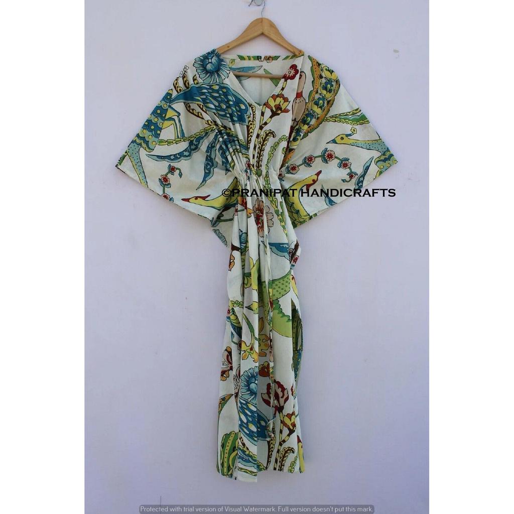 Women Cotton Hippie Summer White Sleepwear Peacock Print Long Maxi Caftan Dress CKFTN-SCRN-FULL-BUYIT-115