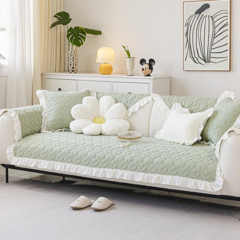 Washed Cotton Sofa Cushion, Four-Season Universal Fabric  New Pure Cotton Cream Ruffle Edge Non-Slip Cover Cloth