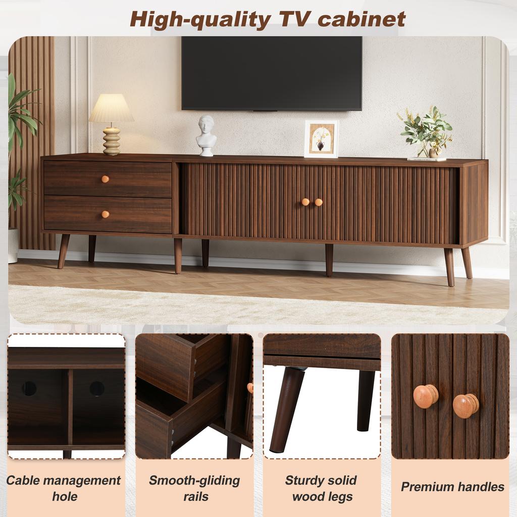 Mobile TV Grande 180 x 40 x 46,5 cm Effetto Legno di Noce con Due Cassetti, Due Ante a Rullo e 7 Piedi di Supporto. Adatto per TV fino a 80 pollici.