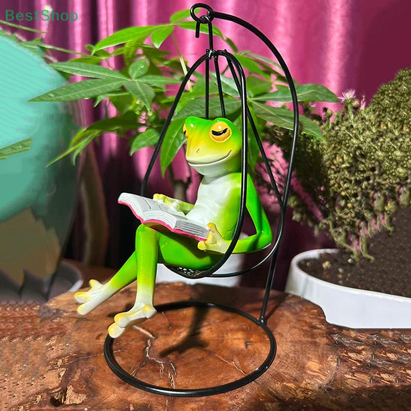 Reading Frog on Swing Decor - Resin Animal Figurine, Cute Desktop Ornament for Home, Office & Plant Decoration