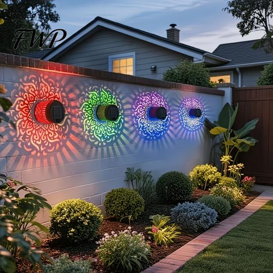 Metal Pattern Solar Lights Wall Light, 7 Color Changing Fence Outdoor Projection Seven LED Lamp, Waterproof Garden Lamp for Yard Patio Backyard Decor