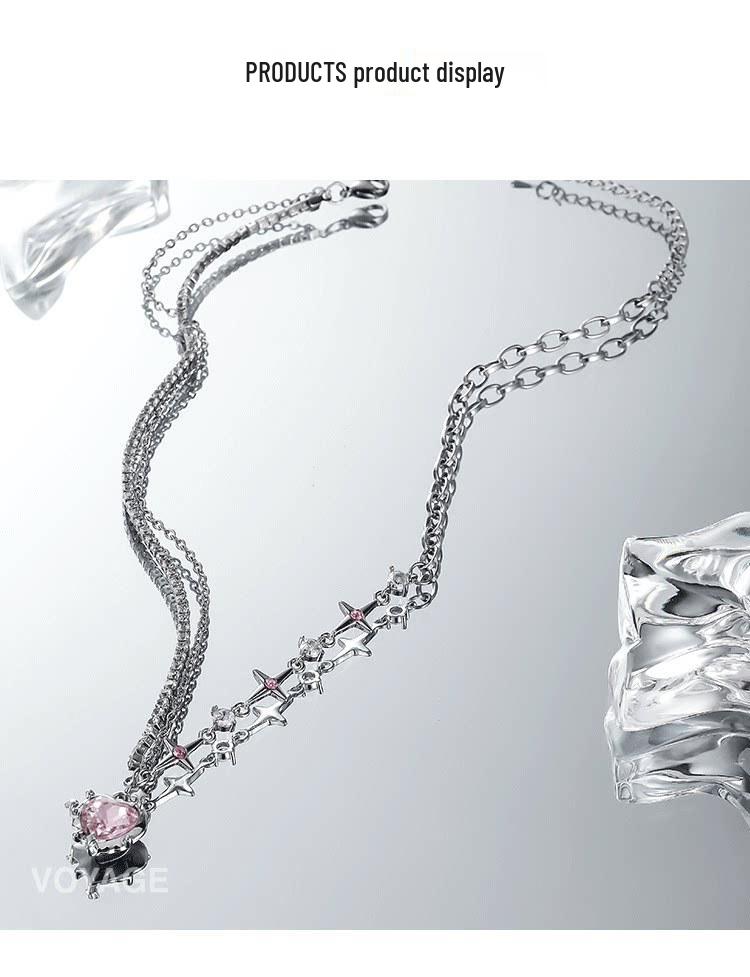 Women's Pink Heart Four-Pointed Star Necklace - Niche Design, Clavicle Chain, Sweet & Cool Pendant Accessory