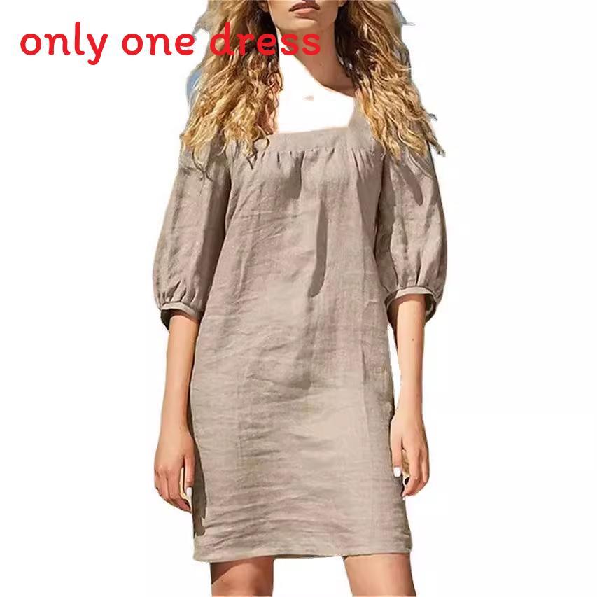 Cotton Linen French Collar Short Sleeve Dress For Casual Office Wear