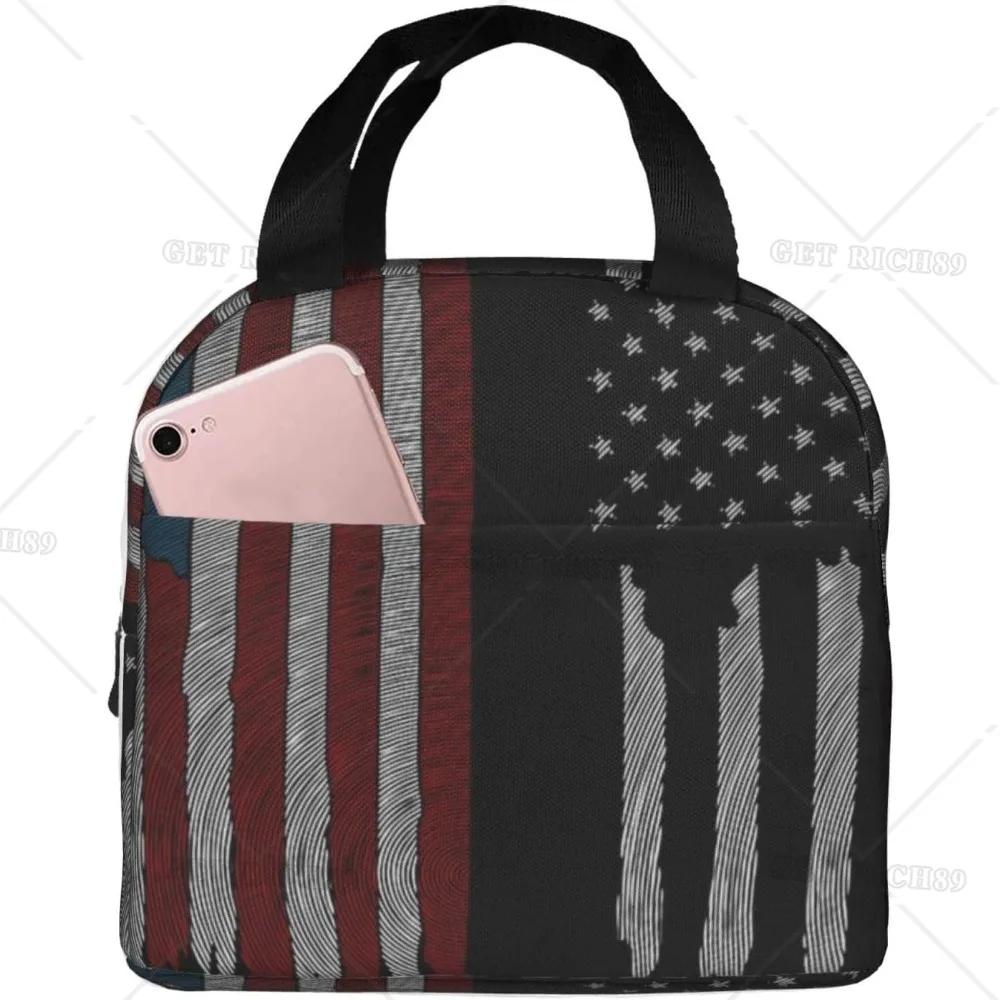 American Usa Flag Lunch Tote Bag for Women Men Reusable Insulated Cooler Lunch Box Container with Pocket for Work Office Trip