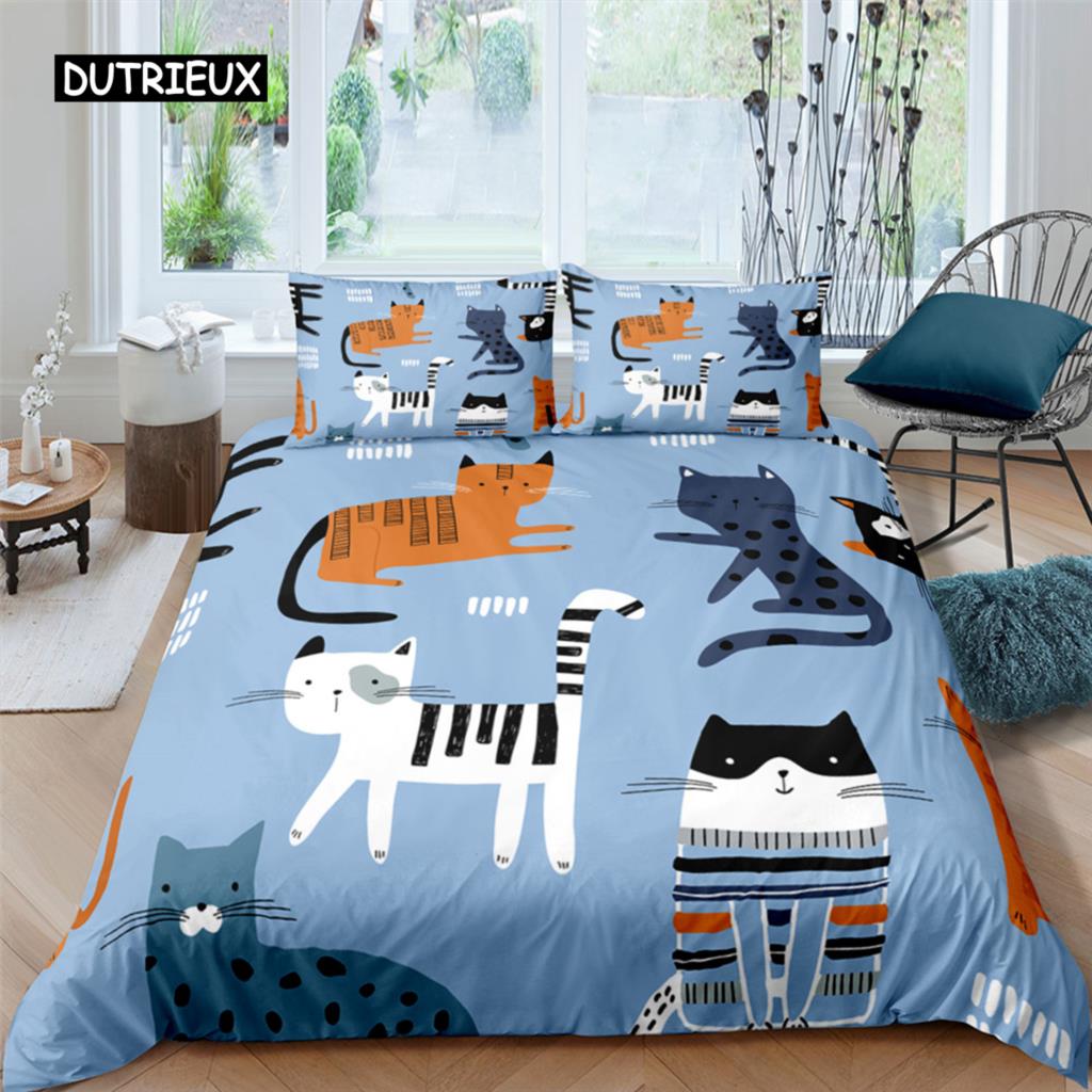 Home Textile Cartoons Cute Cat Quilt Cover Duvet Cover Pillow Case Boy Girl 2/3Pcs Polyester Bedding Set King Queen Twin Size