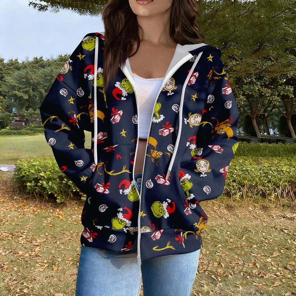 Women's Casual Fashion Long Sleeve Zipper Printed Hooded Sweatshirt