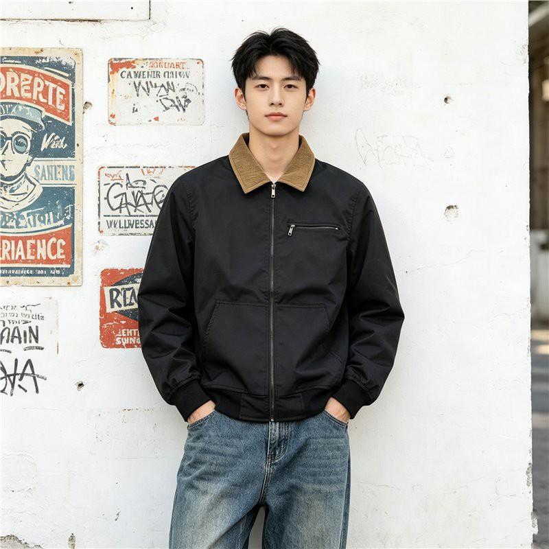 Mens Casual Lightweight Workwear Jacket Stylish Retro Turn-Down Collar Washed Cotton Blend Outerwear