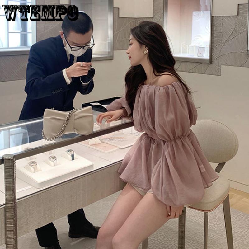 WTEMPO Off Shoulder Sexy Chic Sweet Crop Top Damen Sommermode Casual Lange Rüschenärmel Lose Fee Kawaii T-Shirt