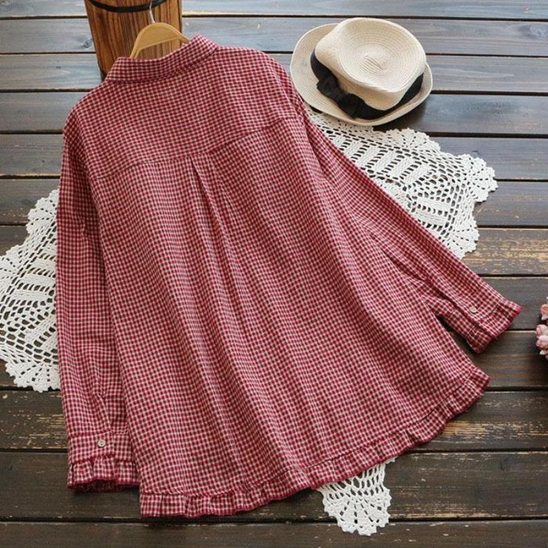 

Solid Color Lapel Pullover Loose A-shaped Plaid Shirt for Women L червоний