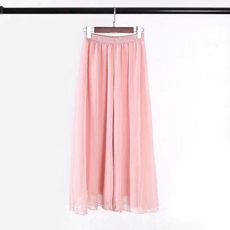Women's Wide-Leg Chiffon Pants: Flowy, Elastic Waist, Long Cropped Skirt-Pants