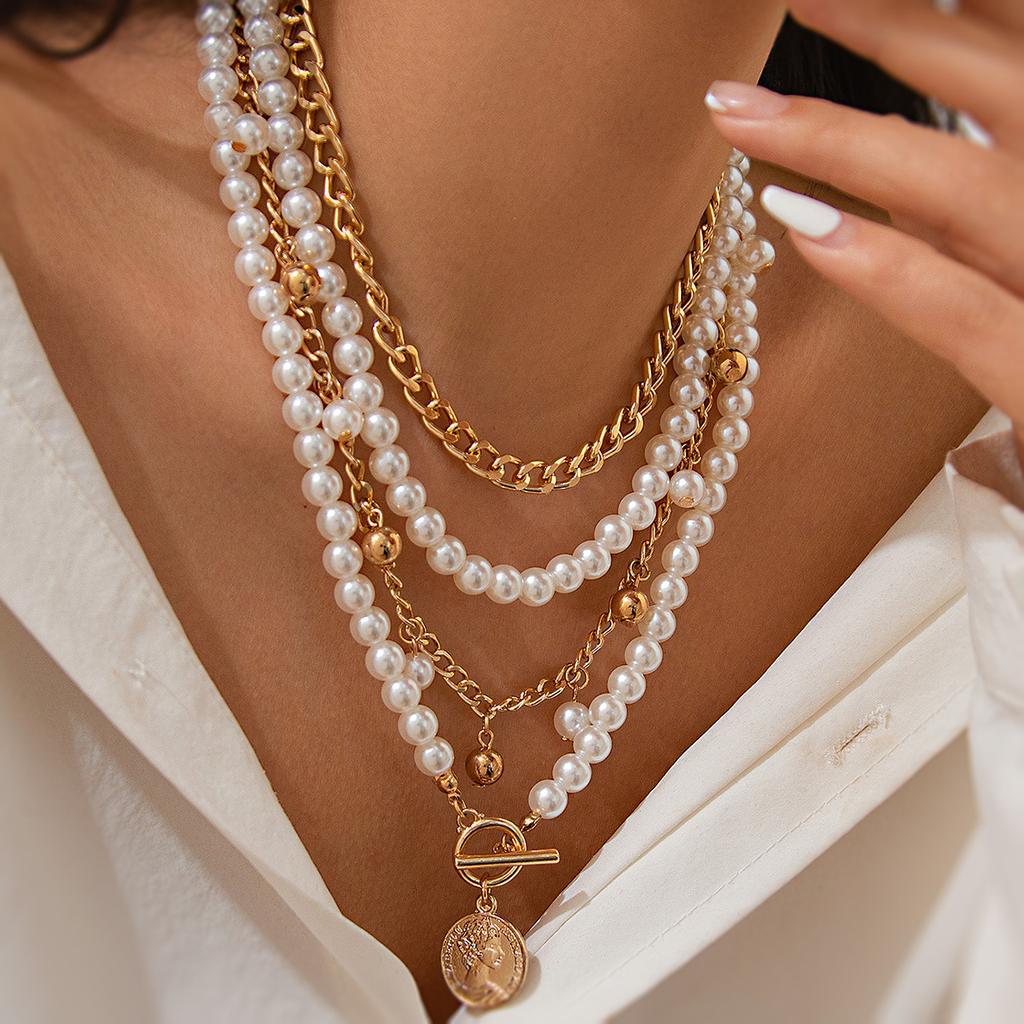 Sweet and Cool Imitation Pearl Stacked Necklace, Baroque Retro Beaded Portrait Pendant Item Jewelry Women