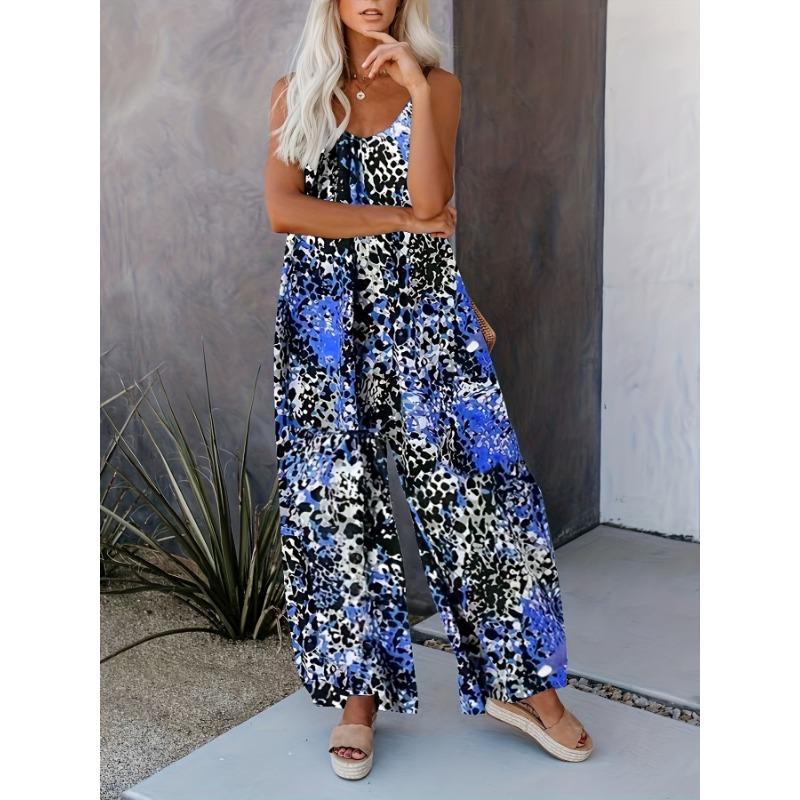 Women's Floral Print Spaghetti Strap Jumpsuit Casual Loose Wide Leg Overall with Pockets