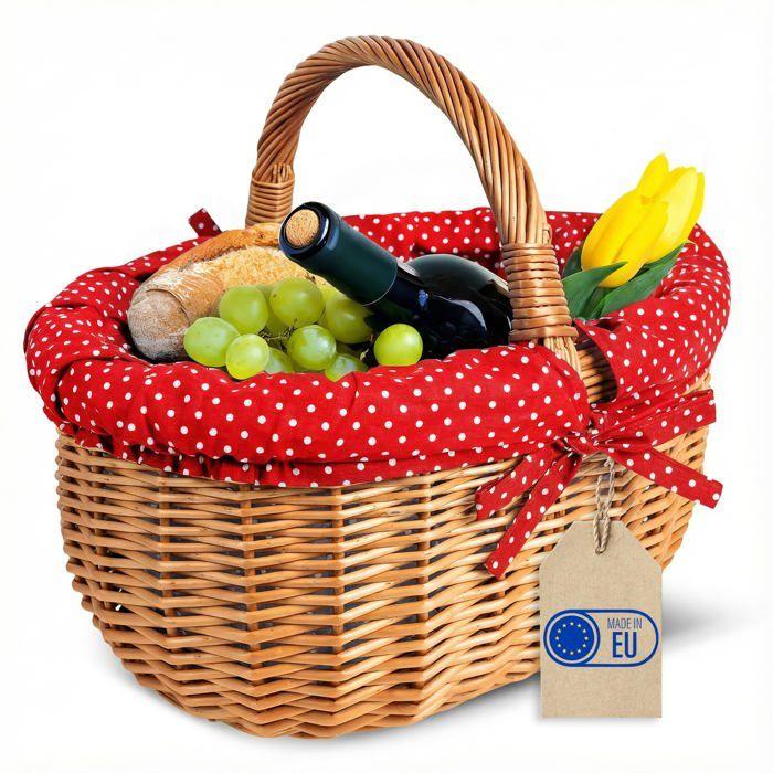 Panier en osier - CREATIVE HOME - Pois Rouge - 43x32x37 cm - Marron naturel - Ficelles amovibles