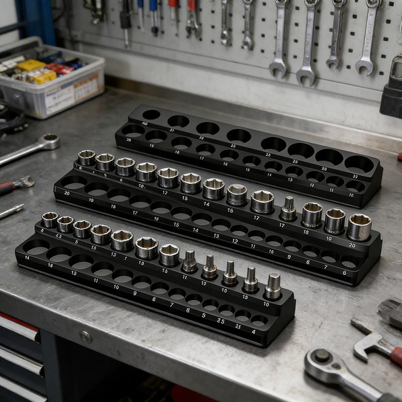 Magnetic Metric Socket Organizer Set 4-27mm Storage Tray Double-Row Tool Holder for 1/4 3/8 1/2 Drive Sockets Marine Boat Repair