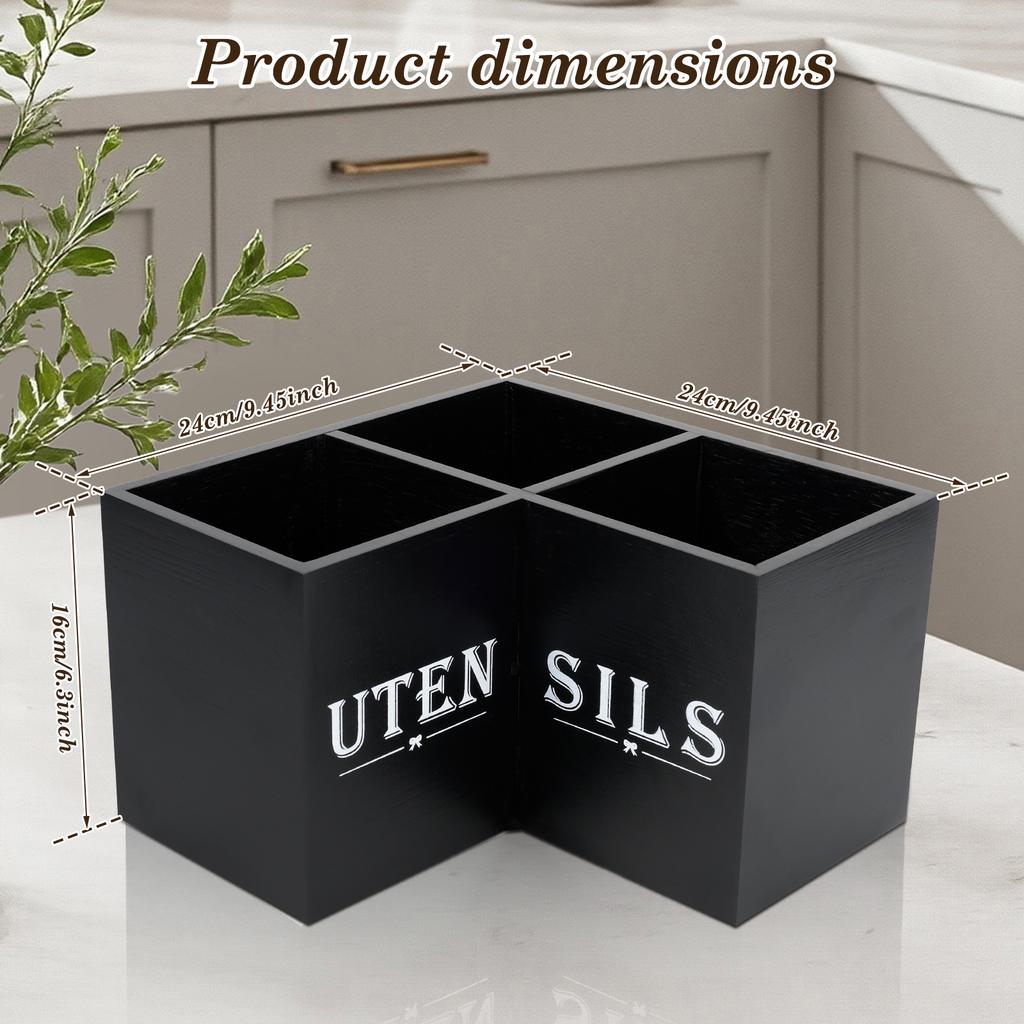 Kitchen Utensil Holder Wood Corner Utensil Caddy with 3 Compartments Vintage Countertop Storage Rack for Home Kitchen Decoration