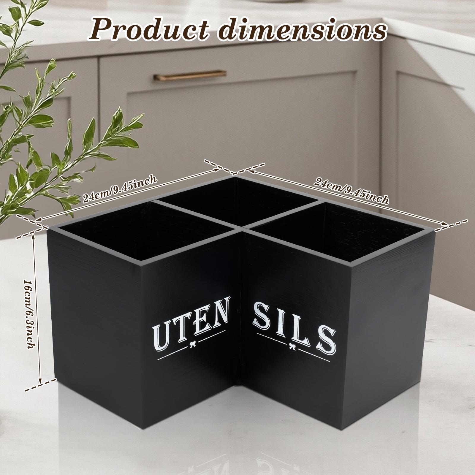 Kitchen Utensil Holder Wood Corner Utensil Caddy with 3 Compartments Vintage Countertop Storage Rack for Home Kitchen Decoration