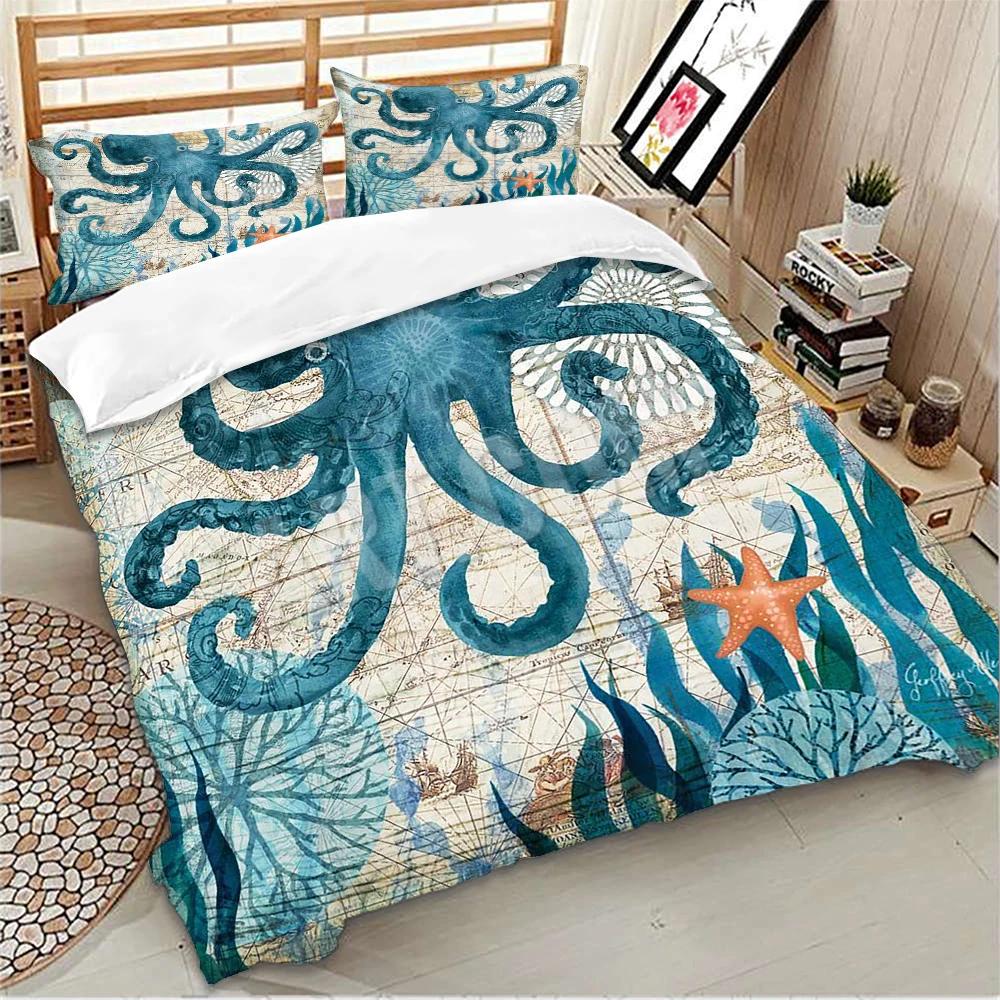 Comforter 3D Starfishseaweed +Pillow Case Print Octopus Winter Home Bedding Set King Size Breathable Set Blue Aq