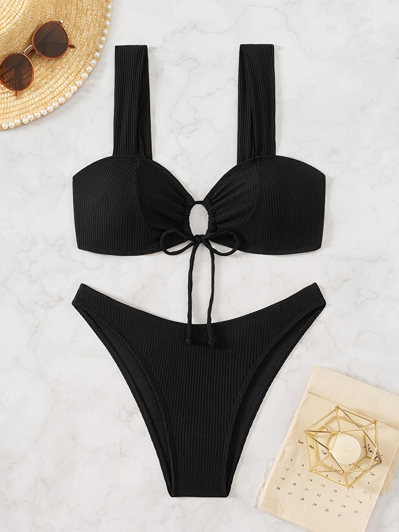 

Черный купальник бикини на бретельках обтягивающий купальник сексуальный раздельный купальник L чёрный