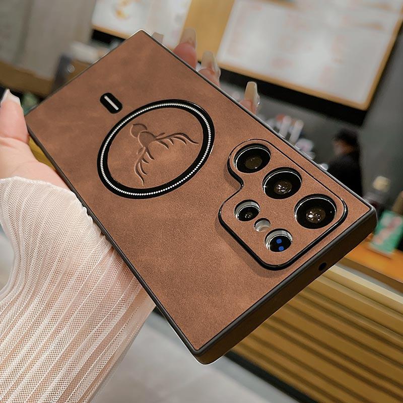 Luxury Leather Deer Texture Case For Samsung S25 Ultra S24 Plus S23 S22 S21 FE Note 20 Ultra 10 For Magsafe Magnetic Phone Cover