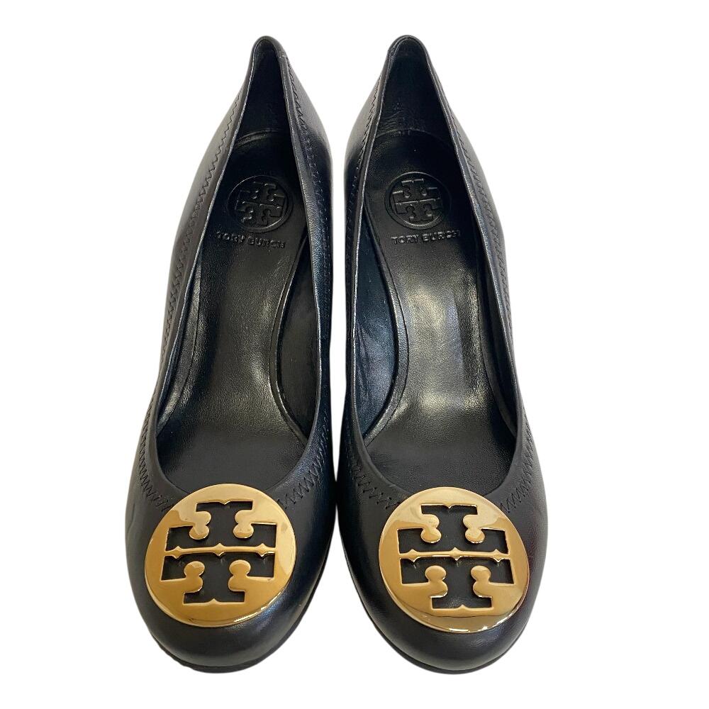 Tory Burch Wedge sole Double T logo leather Caroline 54 pumps black leather Women Used