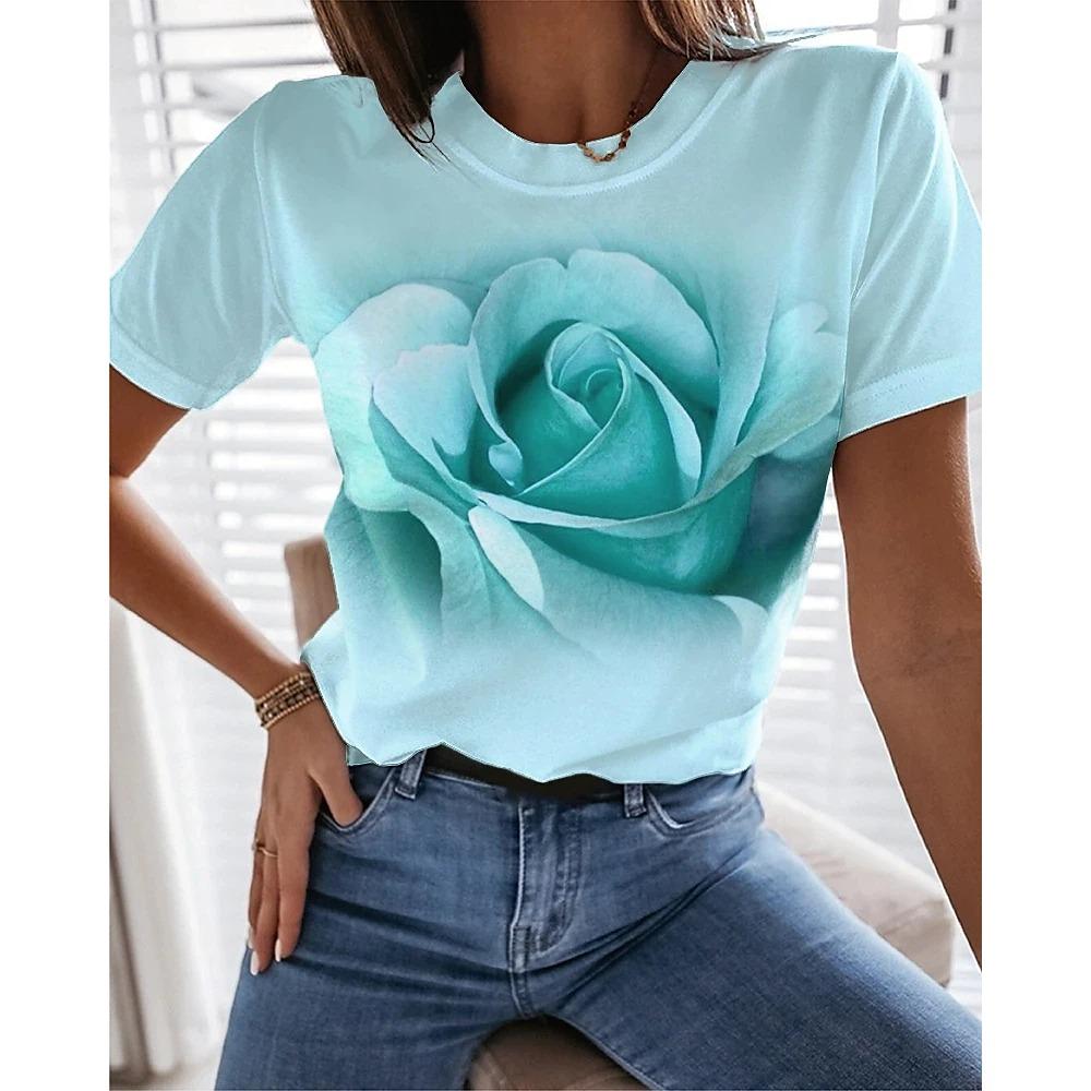 Women's colorful rose printed T-shirt, summer popular short sleeved shirt, round neck casual loose T-shirt, streetwear