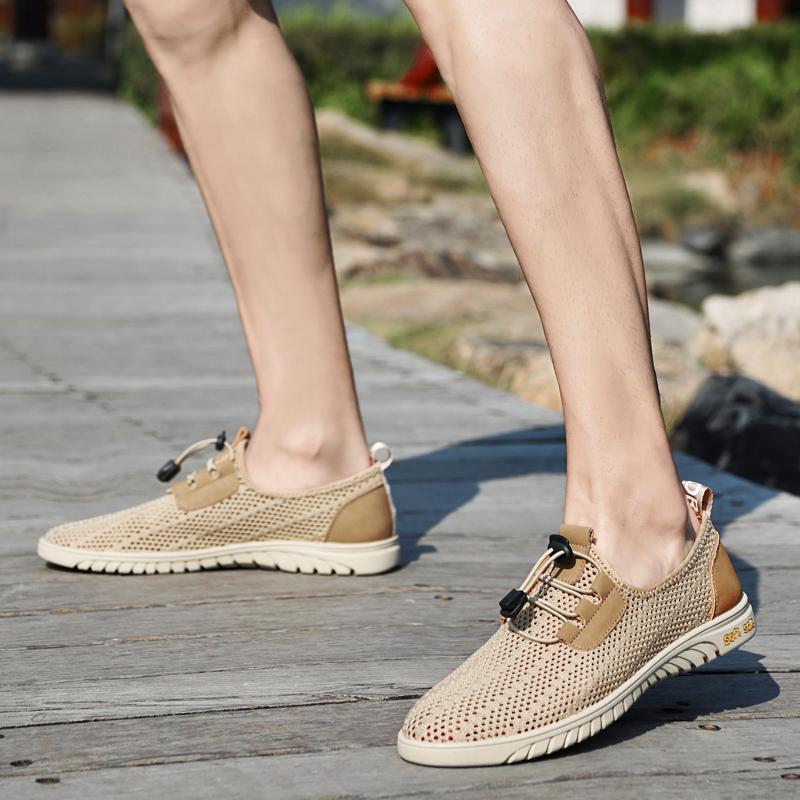 Fashion Men Casual Mesh Shoes Summer Breathable Outdoor Lightweight Hiking Trekking Genuine Leather Sneaker Fashion Soft Sole Low Shoes