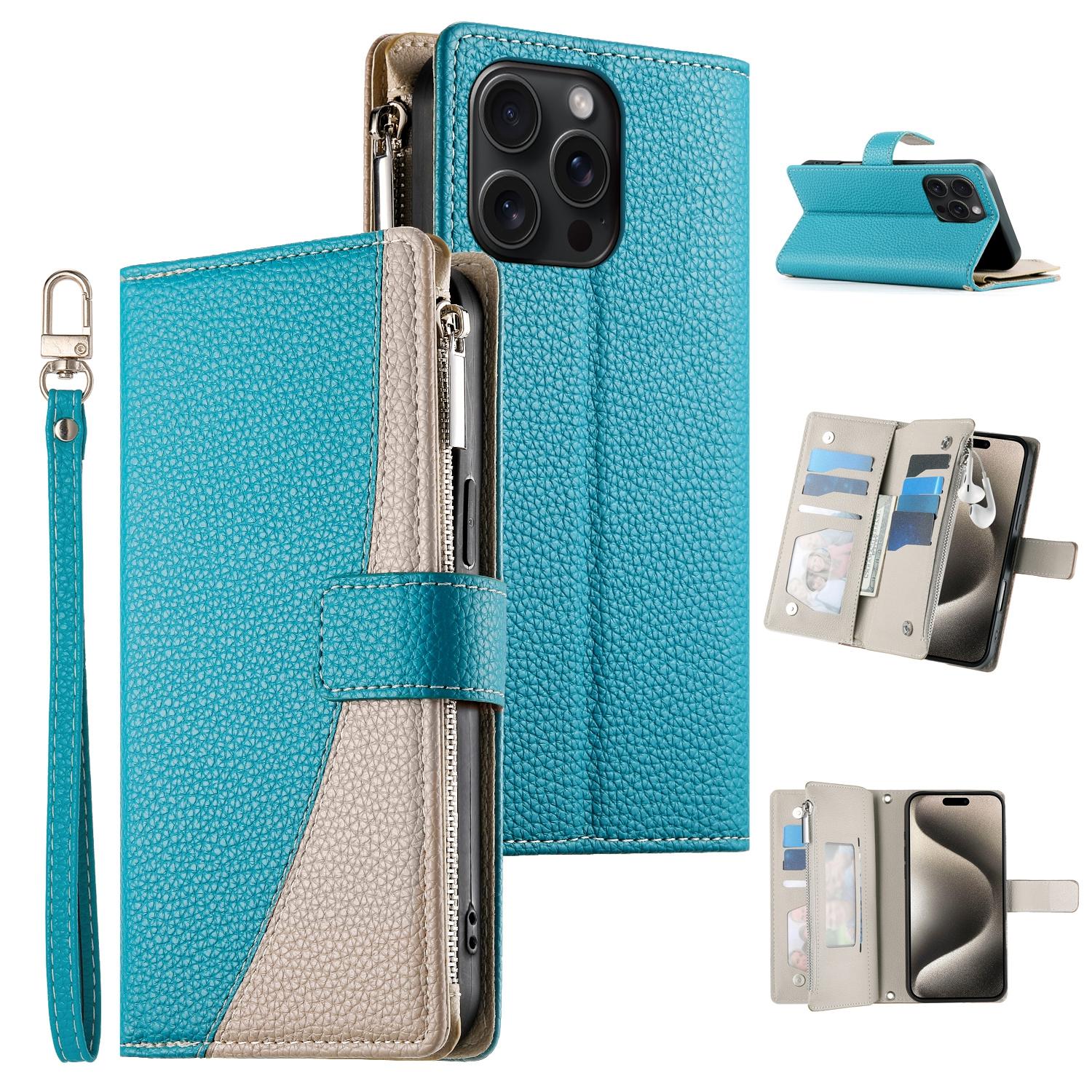 

For iPhone 15 Pro Max Case Zipper Pocket Wallet Color Splicing Leather Flip Phone Cover with Straps Lake Blue