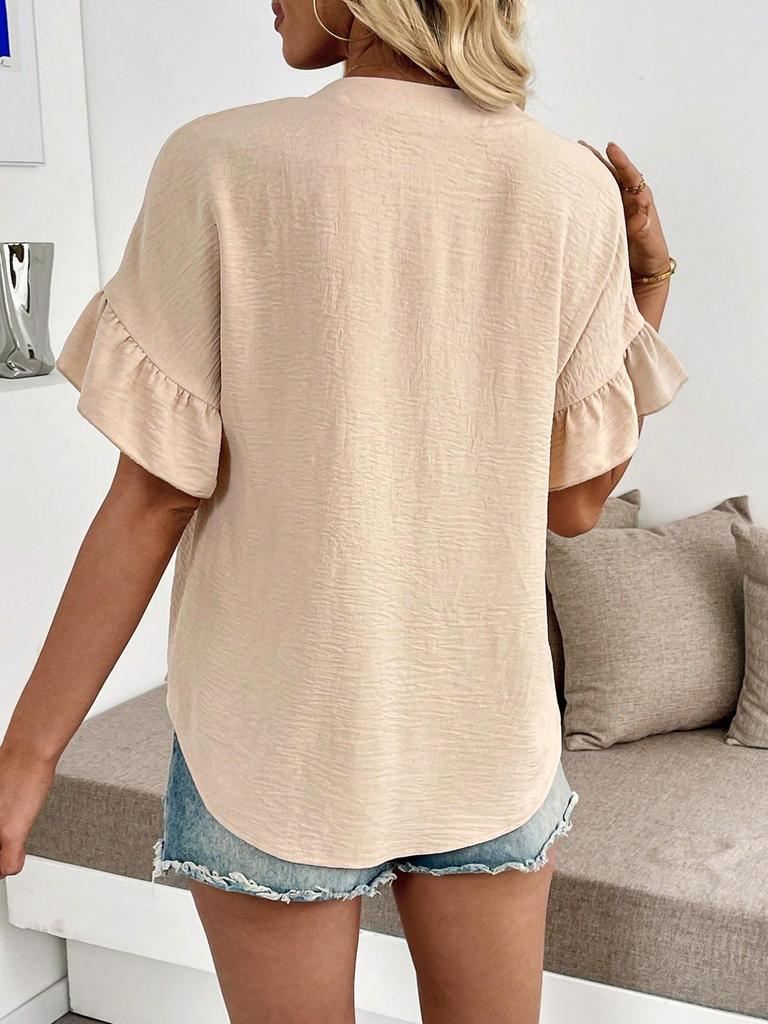 2025 Summer Stand Collar Ruched Top with Ruffle Sleeves for Women
