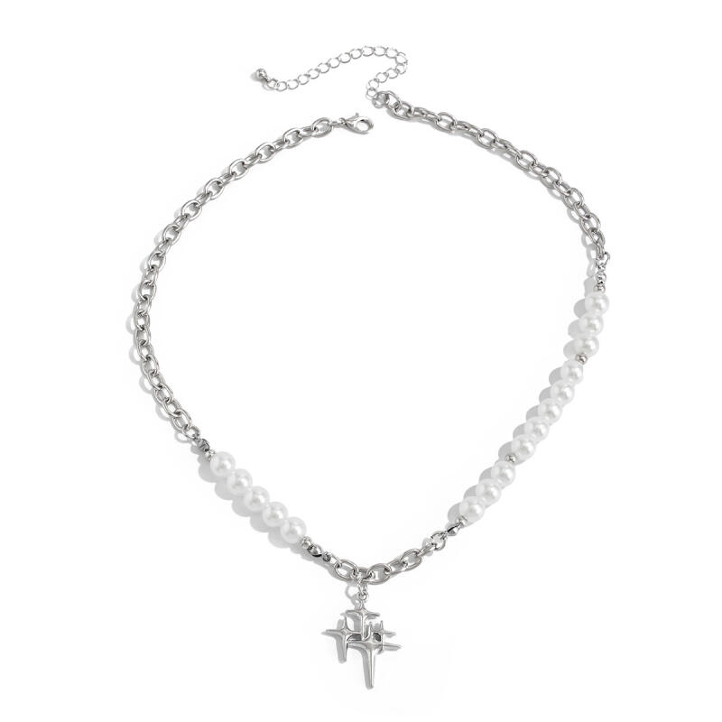 Hiphop Rock Four-Pointed Star Pendant Necklaces for Men Women Imitation Pearls Beaded Collarbone Necklaces Jewelry Accessories