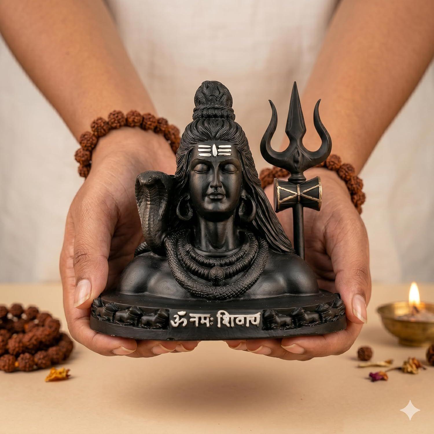 Lord Shiva Idol Bust with Om Namah Shivaya Base | Mahadev Black Statue Decorative Murti | Hindu God Shiv