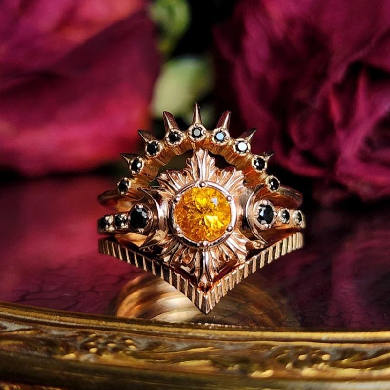 Bagues Vintage pour Femmes Couleur Or Ronde Fleur Pierre Jaune Noire Ensemble Bagues Accessoires de Fête Cadeau