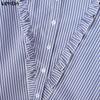 VONDA Womens Casual Stand Neck Ruffled Hem Striped Print Loose Long Sleeve Blouse