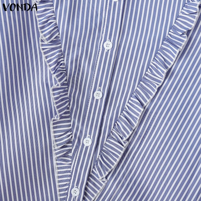 VONDA Womens Casual Stand Neck Ruffled Hem Striped Print Loose Long Sleeve Blouse