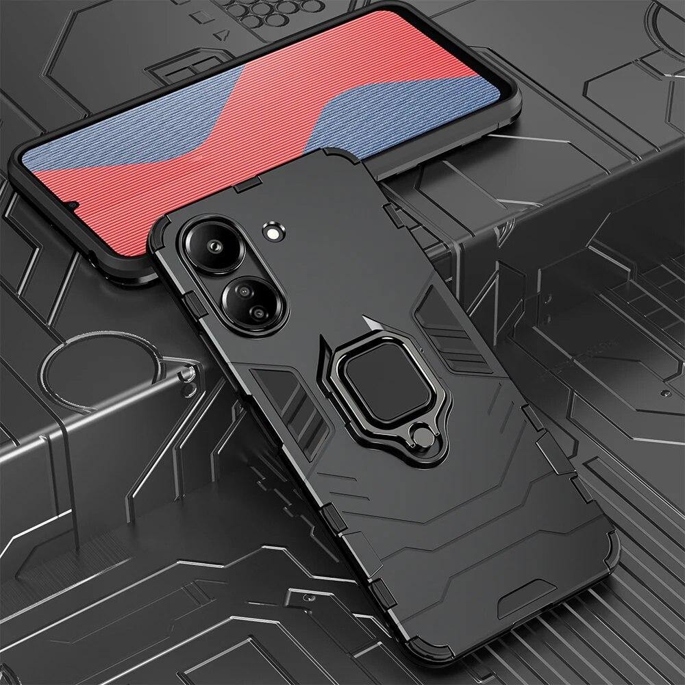 

Противоударный защитный чехол KEYSION для Xiaomi POCO C65 C51 C50 40, силикон + ПК, металлическое кольцо-подставка, задняя крышка для телефона Redmi 13C 12C 10C for Redmi 13C чёрный