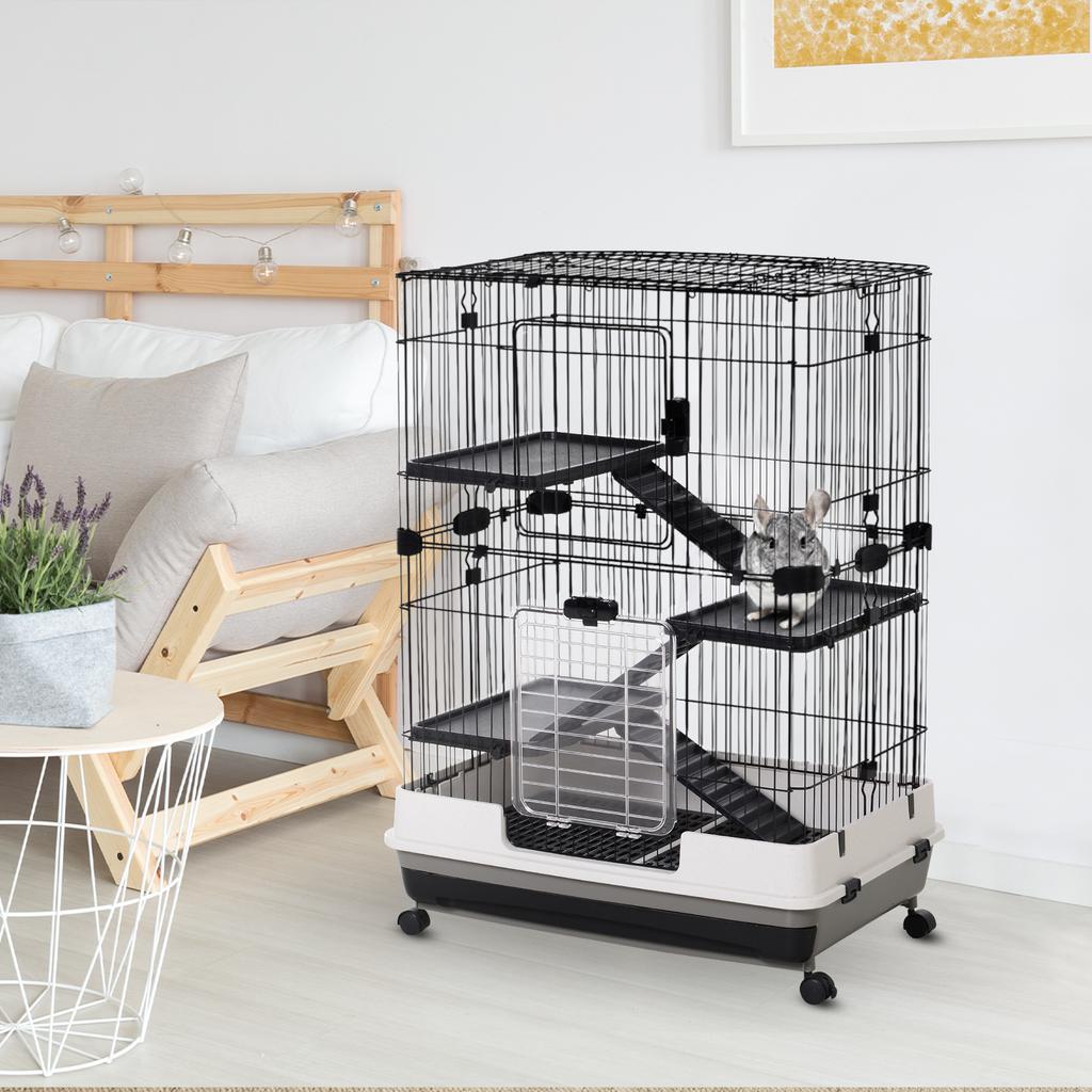 3-Tier Metal Cage with Tray for Rodents, Rabbits and Ferrets with 4 Wheels, 81.2x52.7x114cm, Black