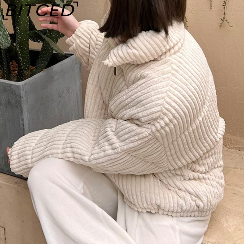 BITCED Winter Women's Stand Collar Short Corduroy Quilted Down Jacket Loose-Fit Lightweight Cotton-Padding Coat