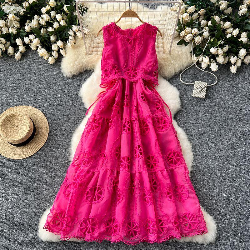 

Classy Elegant Dress Women s French Style Retro Exquisite Hollow-out Lace Embroider Waist-Tight Stitching Sleeveless Vest Dress Rose Red All yards
