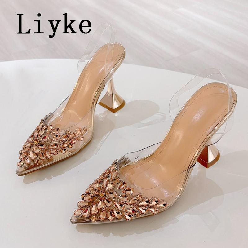 

Fashion Liyke 2025 New Gold Silver Diamond Rivet Pointed Toe Slingback Sandal Women Pumps Sexy Clear High Heels Wedding Party Prom Shoes 35 золотистый