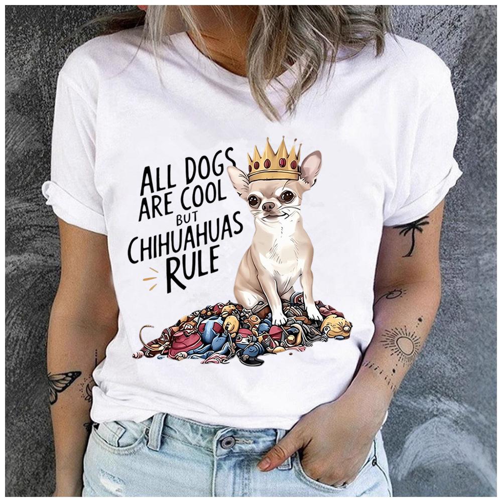 Polyester 100% All Dogs Are Cool But Chihuahuas Rule Print T Shirt Women Crown Chihuahua Dog Graphic Short Sleeve Pet Lover Casual