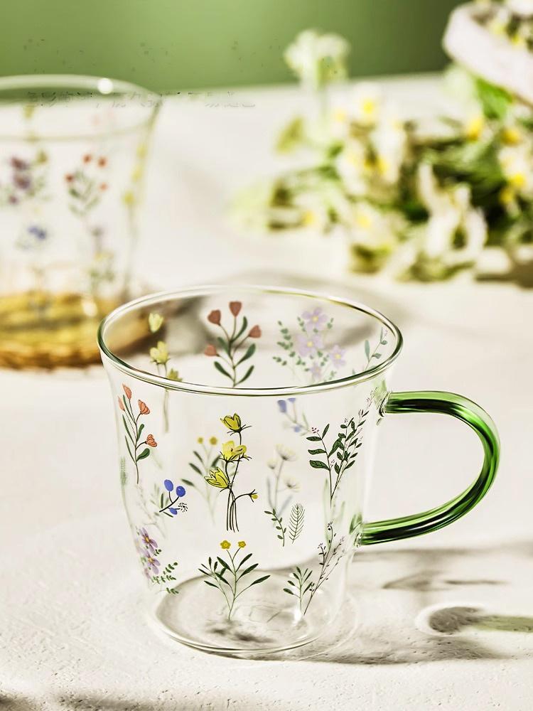 400ml Vintage Floral Glass Mug with Handle, Heat-Resistant Borosilicate Coffee Cup, Korean Style Drinkware for Tea, Latte, Juice