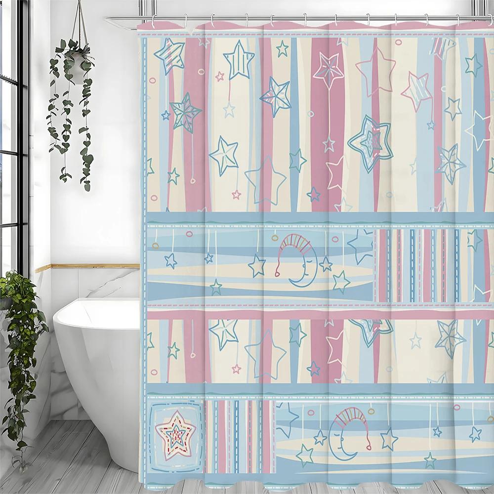 Blue Pink Striped Stars and Moon Shower Curtain, Bathroom Decorative Shower Curtain, Waterproof Shower Curtain with Hooks
