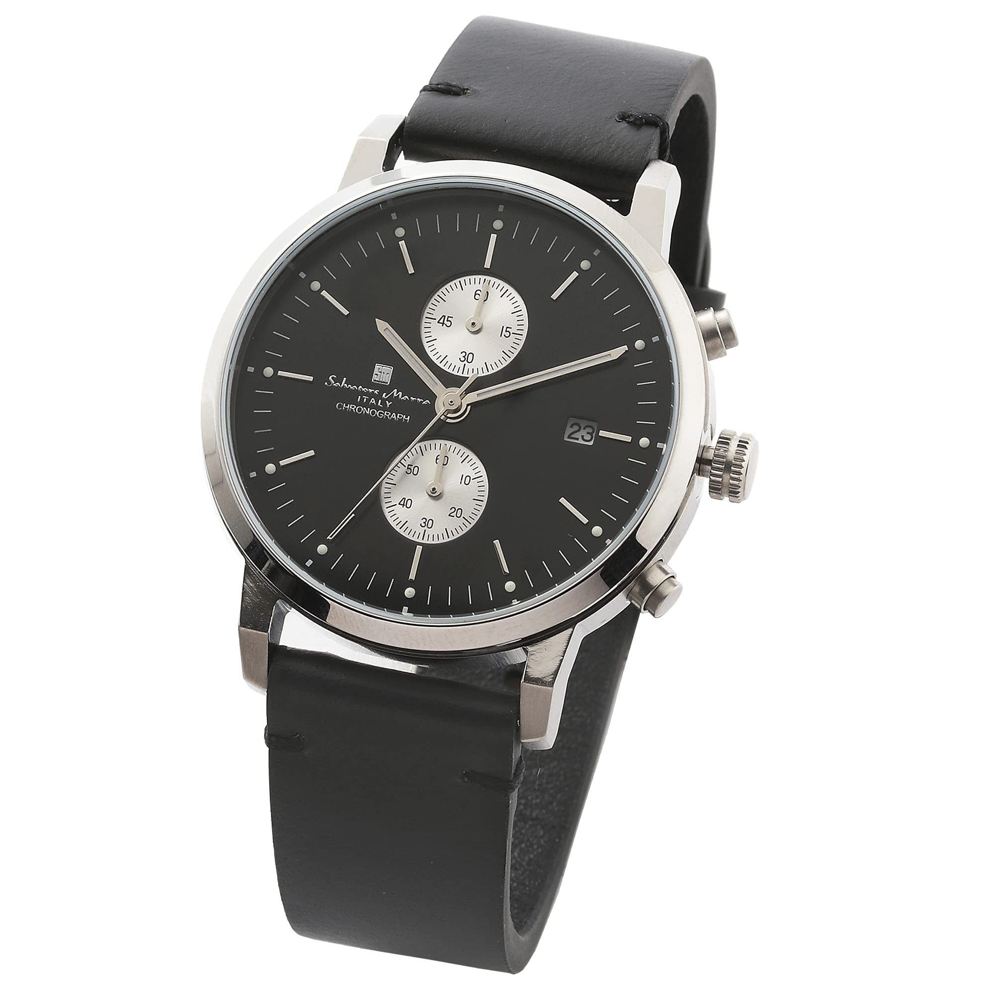Salvatore Marra Unisex Slim Analog Quartz Chronograph Watch SSBK Leather Belt Silver Black
