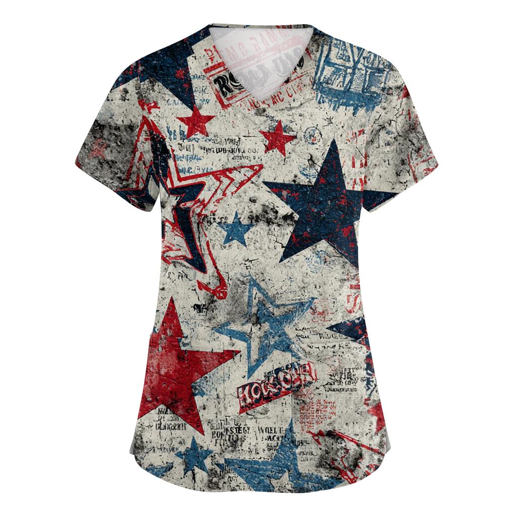 Women's Fashionable V-Neck Short-Sleeved Work Top With Pockets And Independence Day Print  Uniform