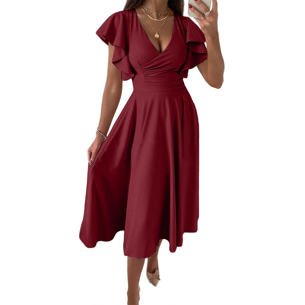 Fashion Ladies Ruffle Skirt Spring And Summer Low V-neck Waist Slim Sexy Dress
