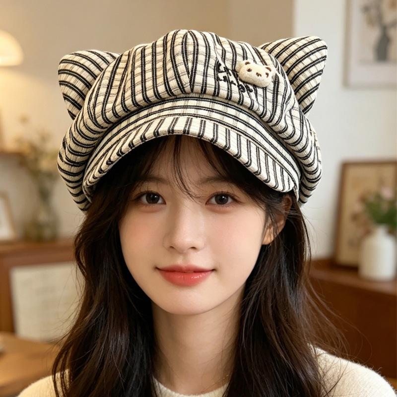 Plaid Octagonal Hat Niche Spring and Summer Cute Face Beret Cartoon Design Versatile Sweet Fresh Kitten Ears