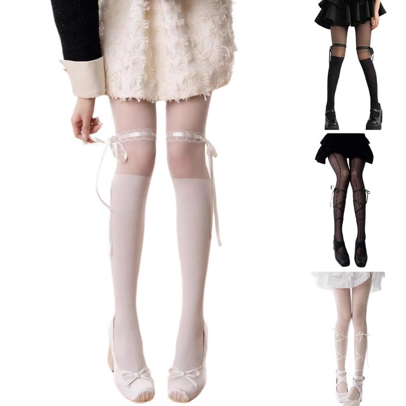 Women Japanese Style JK Sweet Ribbon Bowknot Silk Tights Stockings Sweet Crisscross Ties Bandages Spliced Pantyhose