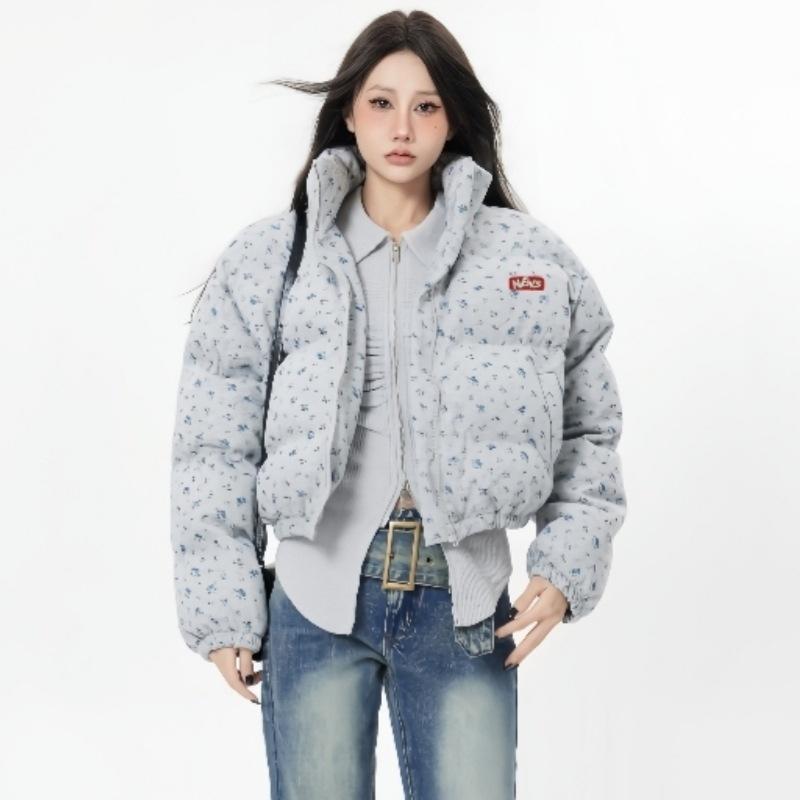 Cotton Clothes with Small Floral Prints Are Full of Short Stand-up Collar Cotton Clothes for Women's Winter Loose Warm Bread Clothes Jacket.