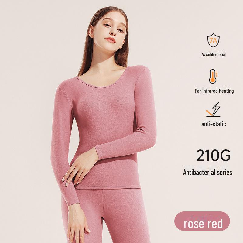 

Женский антистатический термобелье средней длины - 7A антибактериальный двухсторонний с начесом, осенний комплект Women s round neck, XL розы красного