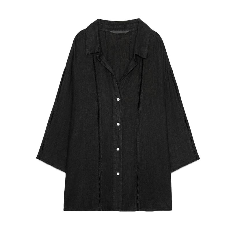 

Idle Style Simple Lapel Casual Shirt 4043058 Linen Blended Mid Waist Wide Leg Pants 4043059 Black Tops M