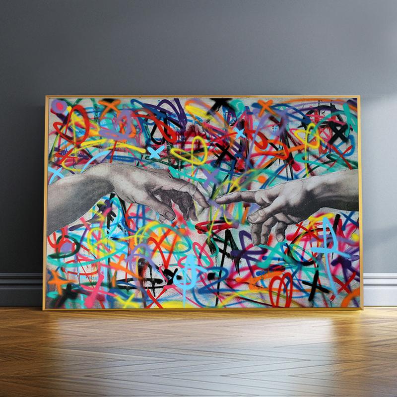 Creative Graffiti Genesis Oil Painting on Canvas HD Hand In Hand Posters and Prints Wall Art Picture for Living Room Decor